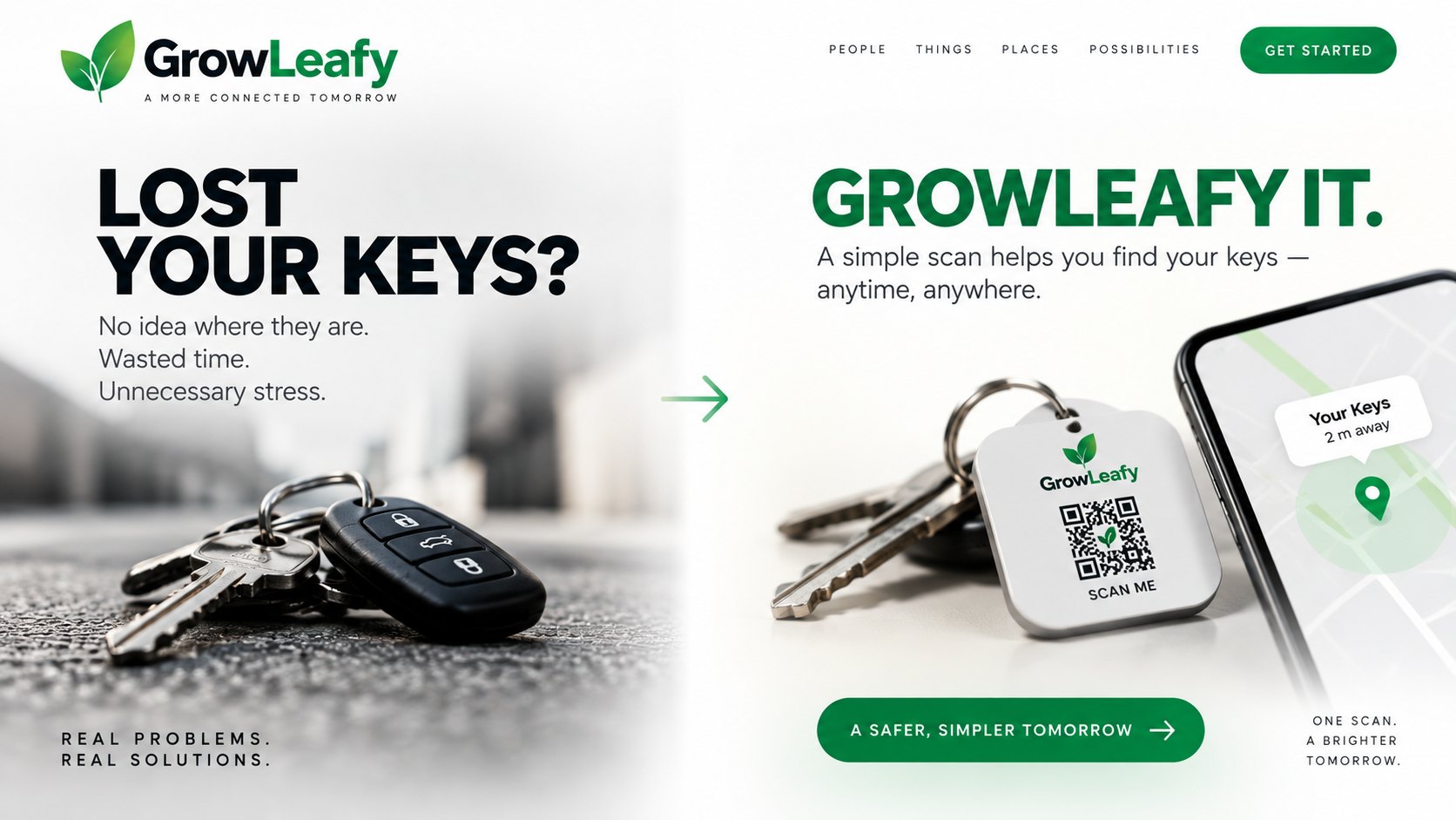 Campaign frame: “Lost your keys? GrowLeafy it.” — keys on wet ground on the left, and the same keys carrying a GrowLeafy QR tag on the right.