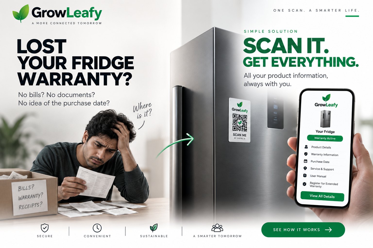Campaign frame: “Lost your fridge warranty? Scan it. Get everything.” — paper bills on the left, and a GrowLeafy QR label on the fridge beside a phone listing product details, warranty and purchase date.